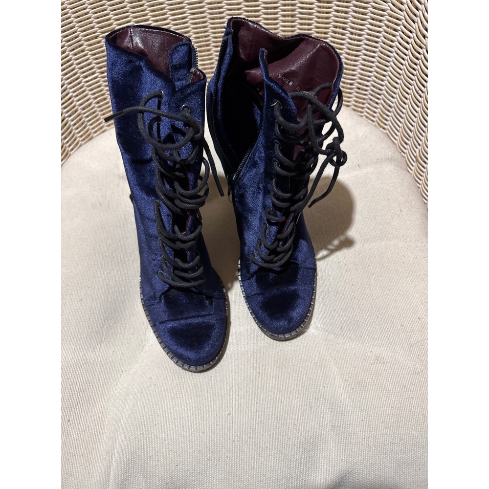 Allon Blue Velvet Lace Up Block Heel Lug Sole Ankle Boots Womens 8 Navy Booties